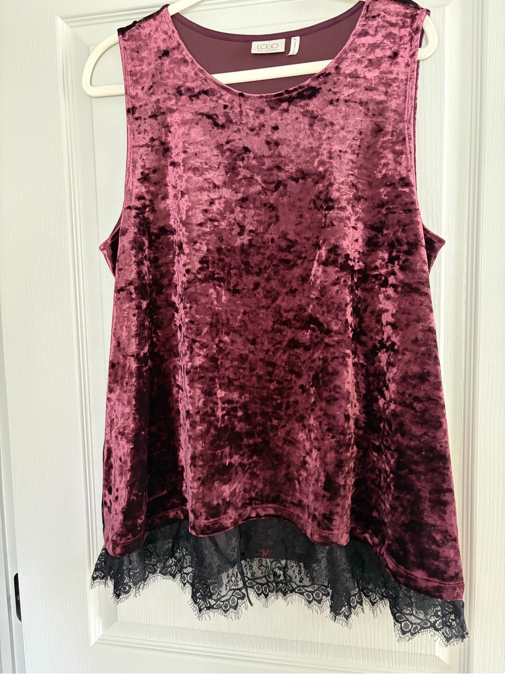 LOGO by Lori Goldstein Wine Rose Crushed Velvet Lace-Hem Tank